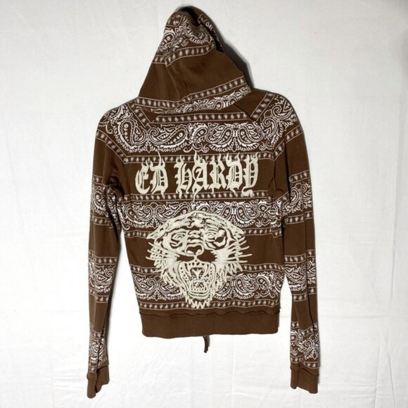 Vintage Y2K Ed Hardy Brown Cream Tiger Paisley Bandana Print Stripe Zip Hoodie M - Picture 14 of 15
